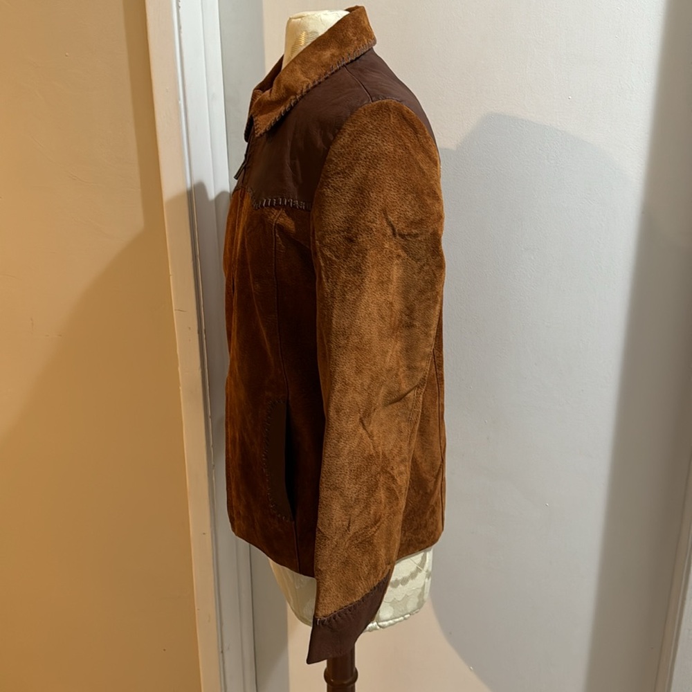 Lee Vintage Chestnut Brown Genuine Leather Suede Embossed Zip Up Lined Jacket M - Picture 7 of 12